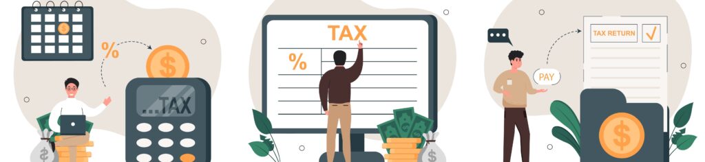 graphic of tax preparation in 3 steps with % signs and the word "tax" in front of a man working 