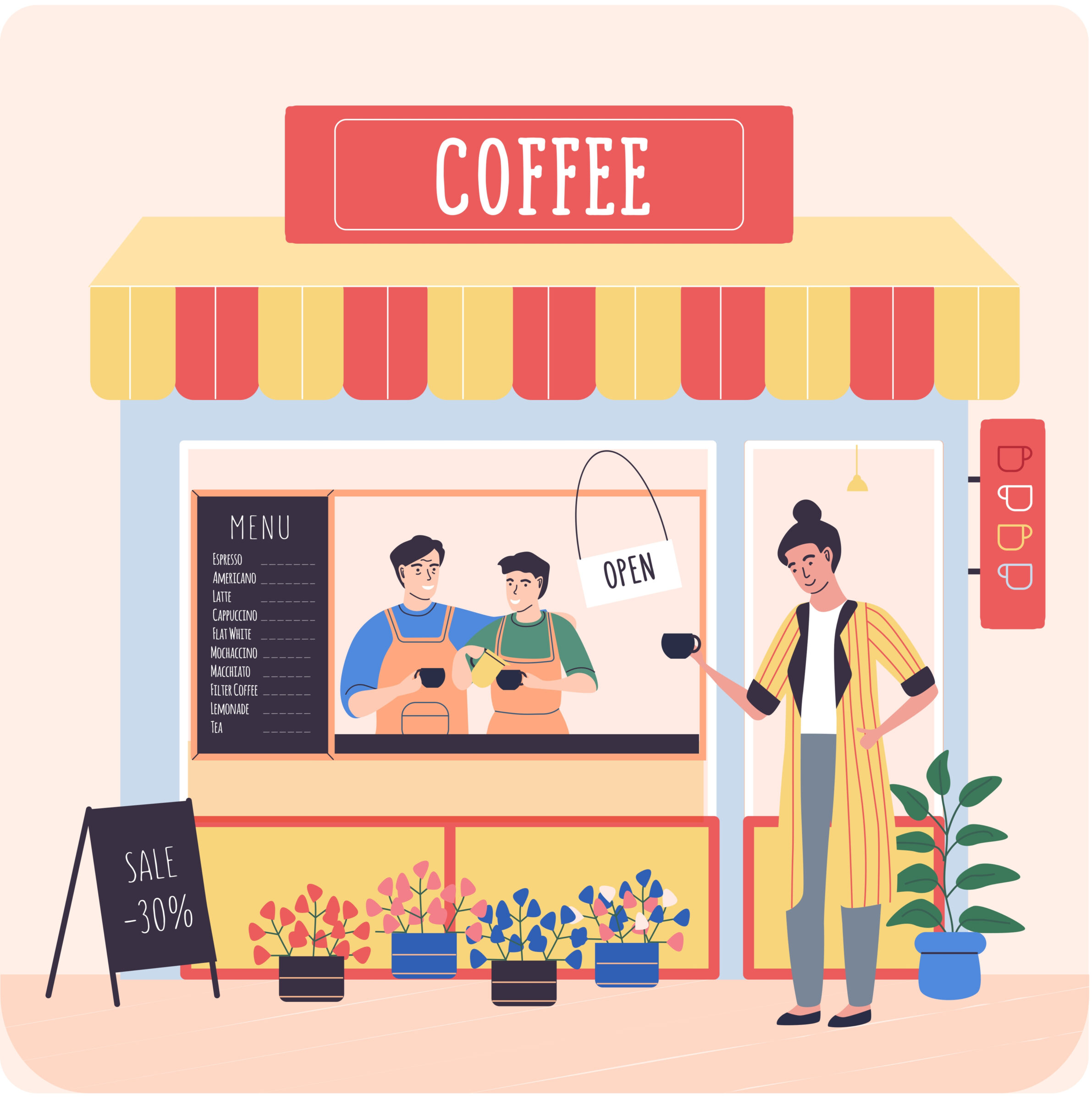 small business coffee shop with 2 workers and a customer 